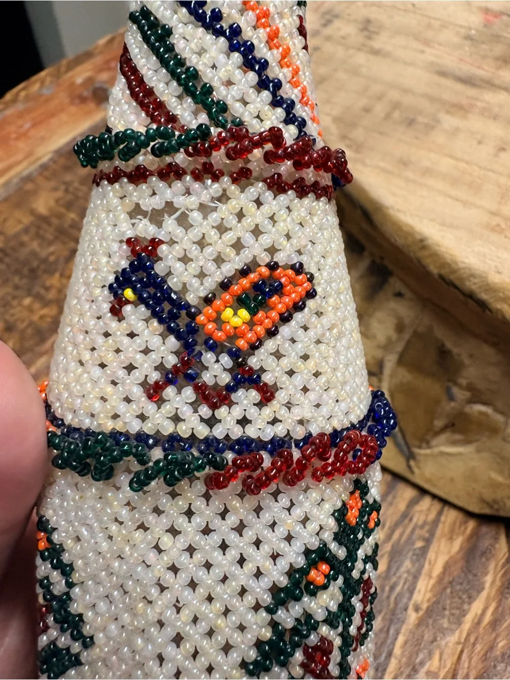 Vintage 1970’s Ethnic Tribal Handmade Beaded Decorative Glass Bottle 9” Tall